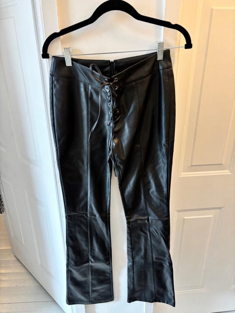 Hours Black Faux Leather Lace-Up Flared Pants